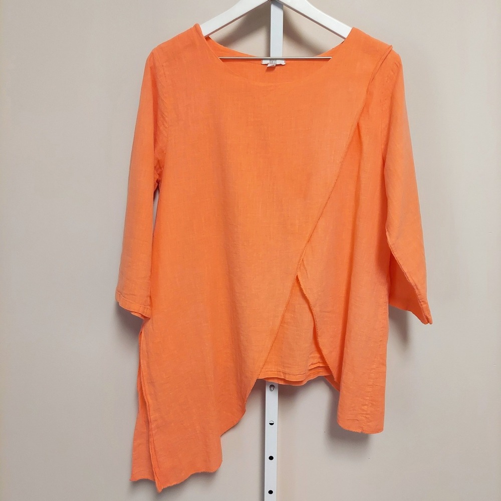 Kaktus Orange 100% Linen Asymmetric Tunic Top S Beach Lagenlook Coastal Artsy
